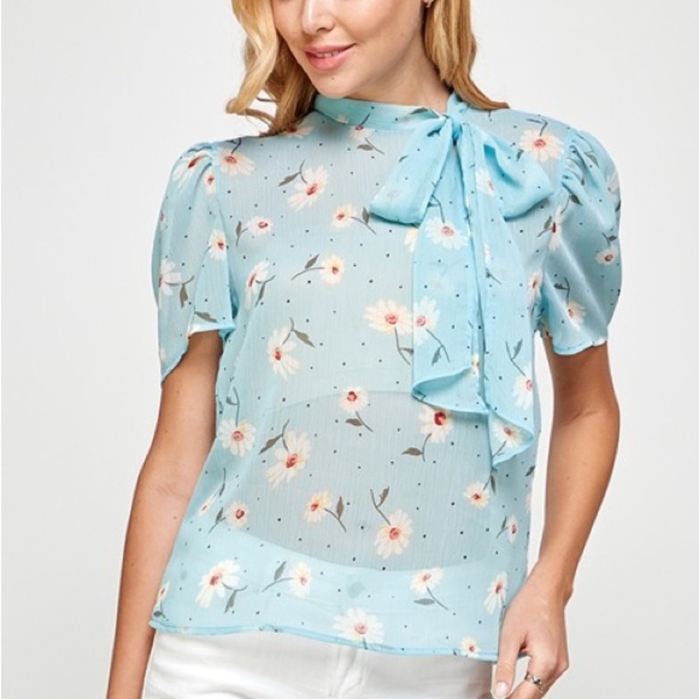 Light Blue Floral Tie-Neck Puff Sleeve Blouse